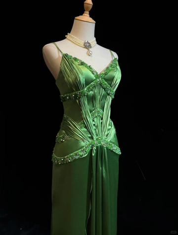 Niulatu Green Spaghetti Straps Satin Beaded Prom Dress Evening Dress HZ1007